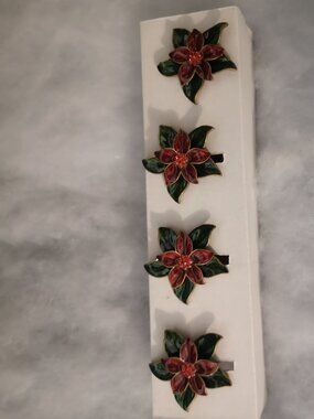 4 - Red & Green Poinsettia Enameled Pewter w/ Crystal Accents Napkin Rings